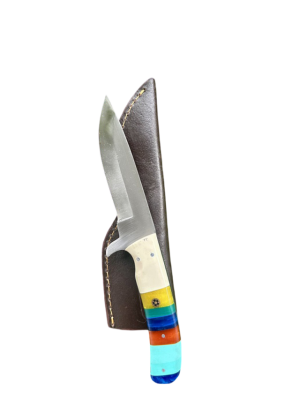 Color-Banded Fixed Blade Hunting Knife with Leather Sheath (SKN-52)